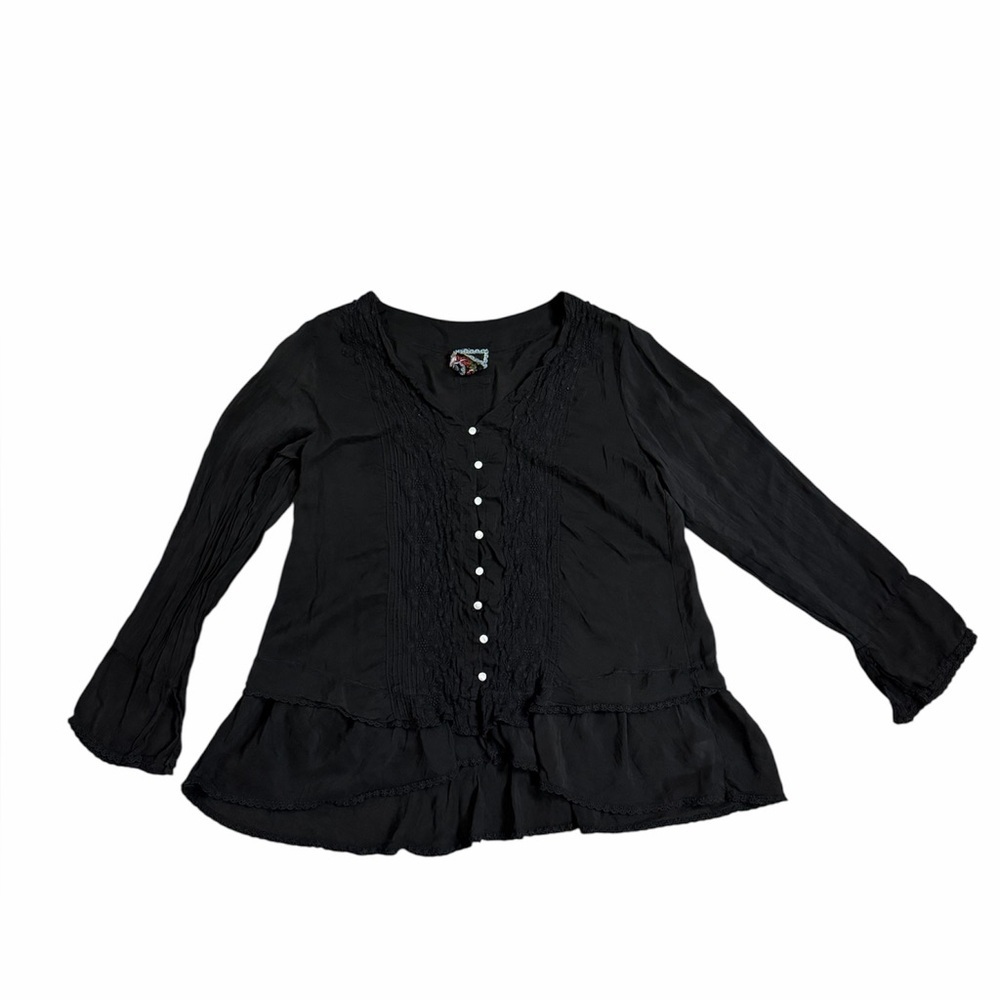 Johnny Was Black Boho Peasant Blouse Embroidered Pintuck Top Small